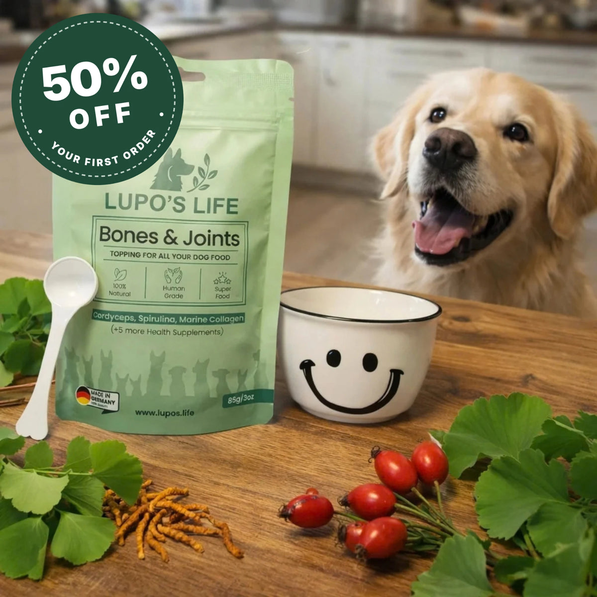 Lupo's Life Bones & Joints dog joint supplement pack next to a happy Golden Retriever, with ginkgo leaves, rose hips and cordyceps