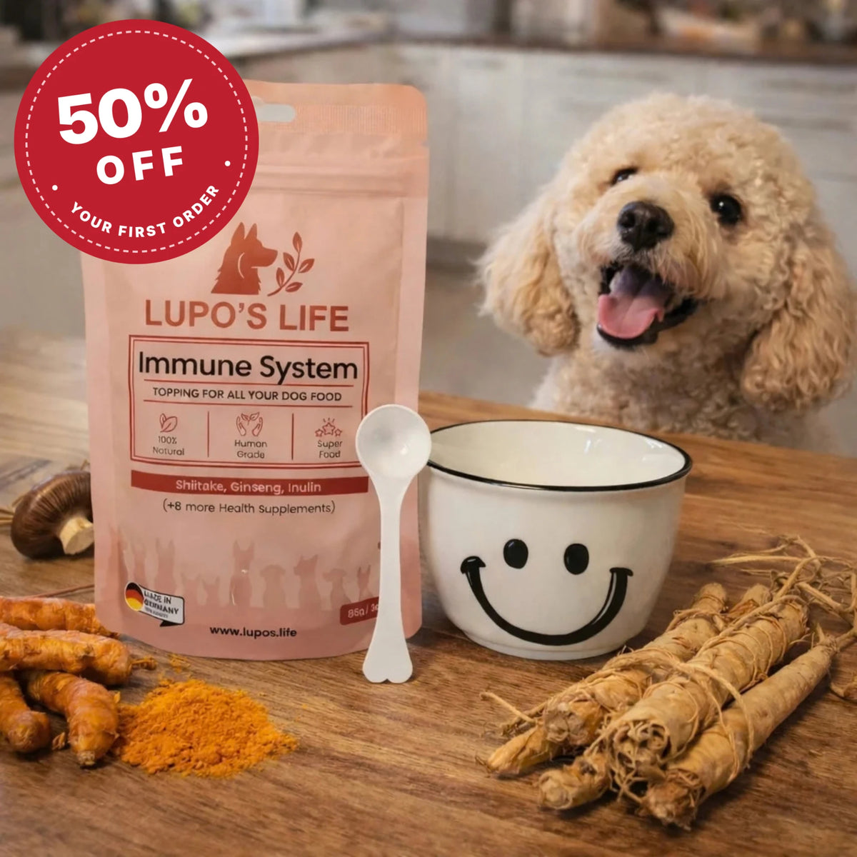 Lupo's Life Immune System dog supplement pack next to a happy poodle, with turmeric, ginseng roots and shiitake