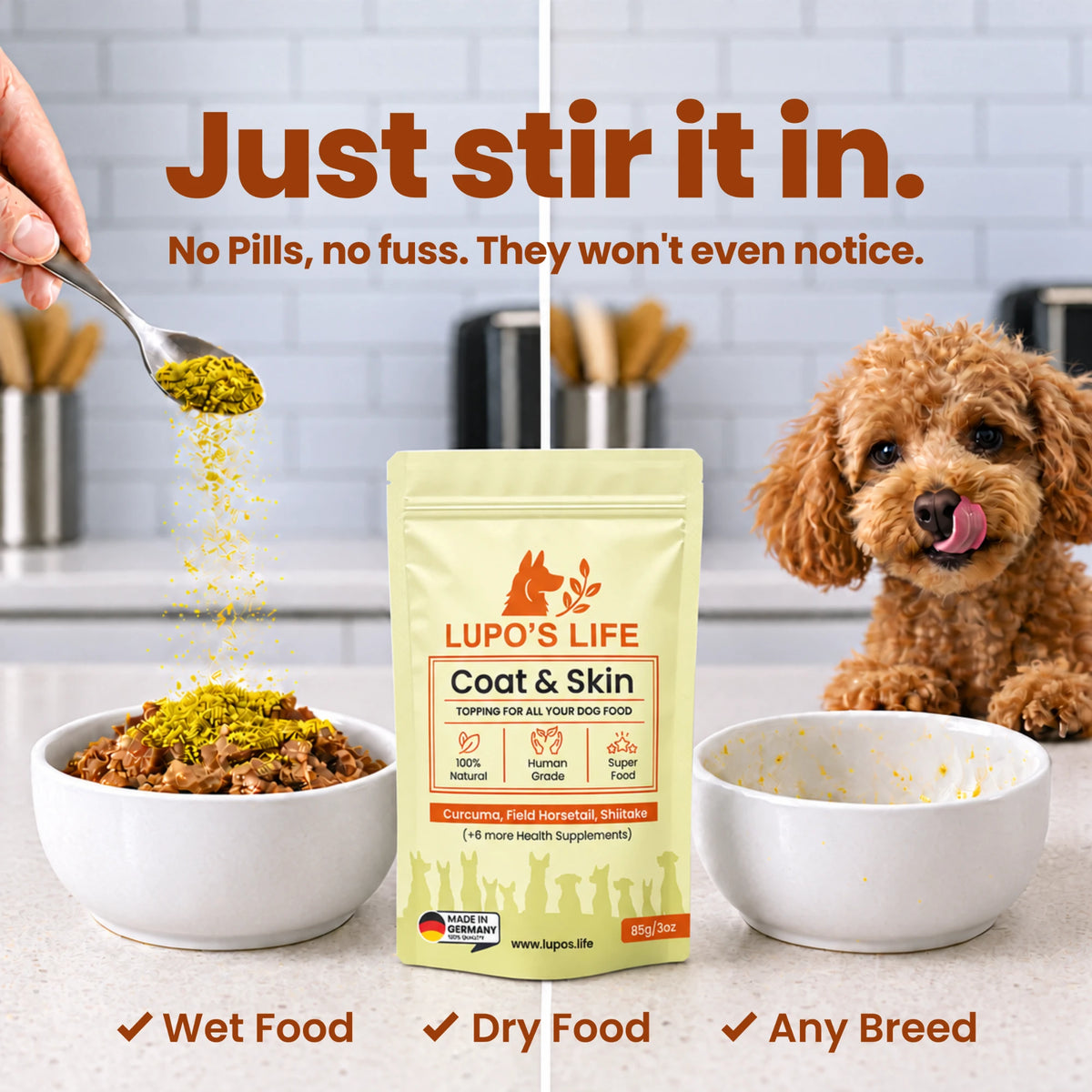 Coat & Skin powder stirred into a bowl of dog food while a poodle waits. Works with wet food, dry food and any breed