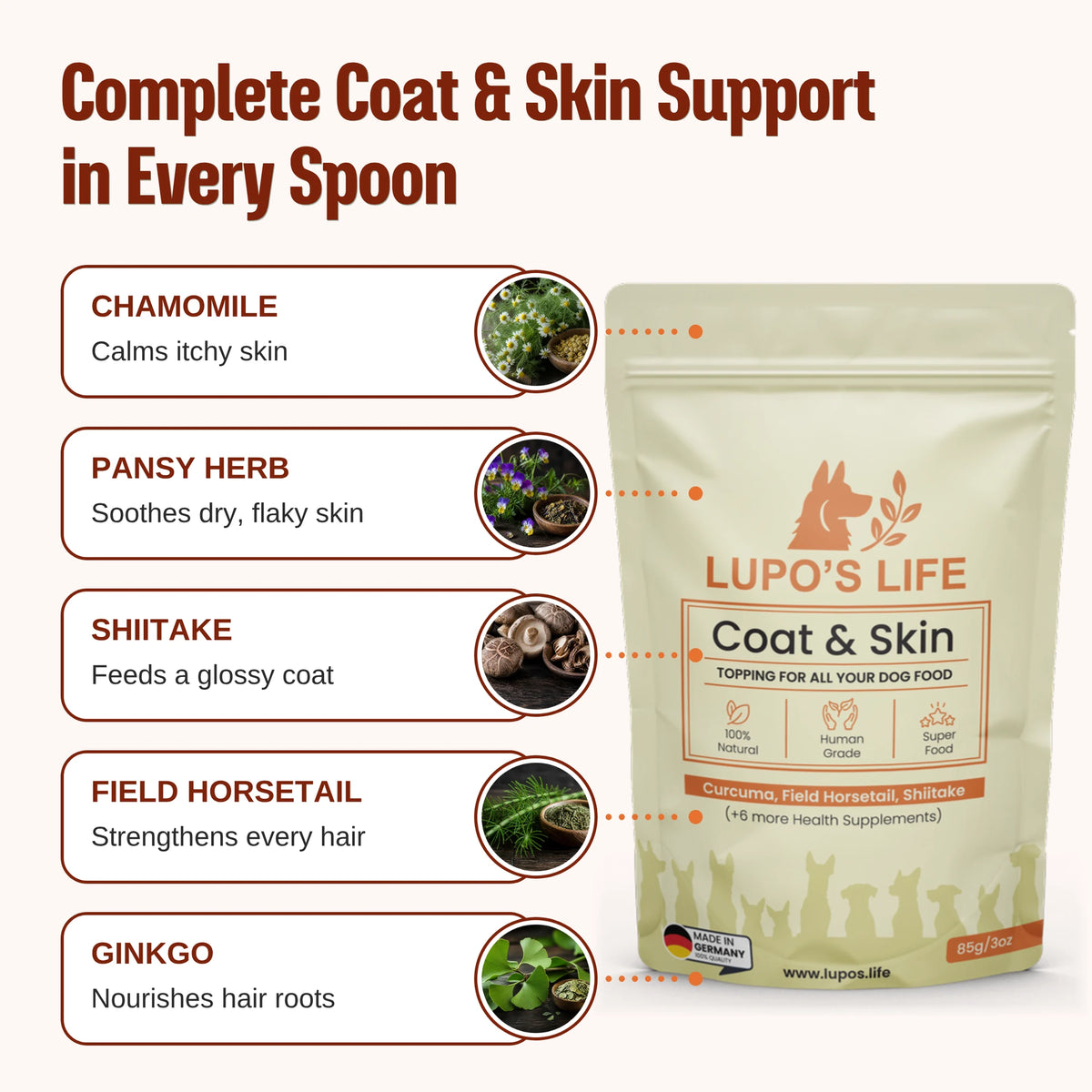 Lupo's Life Coat & Skin ingredients: Chamomile calms itchy skin, Pansy Herb soothes dry flaky skin, Shiitake feeds a glossy coat, Field Horsetail strengthens every hair, Ginkgo nourishes hair roots