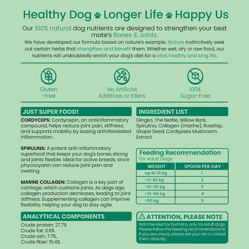 Bones & Joints info sheet: cordyceps, spirulina and marine collagen benefits, ingredient list, feeding recommendation by weight and analytical components