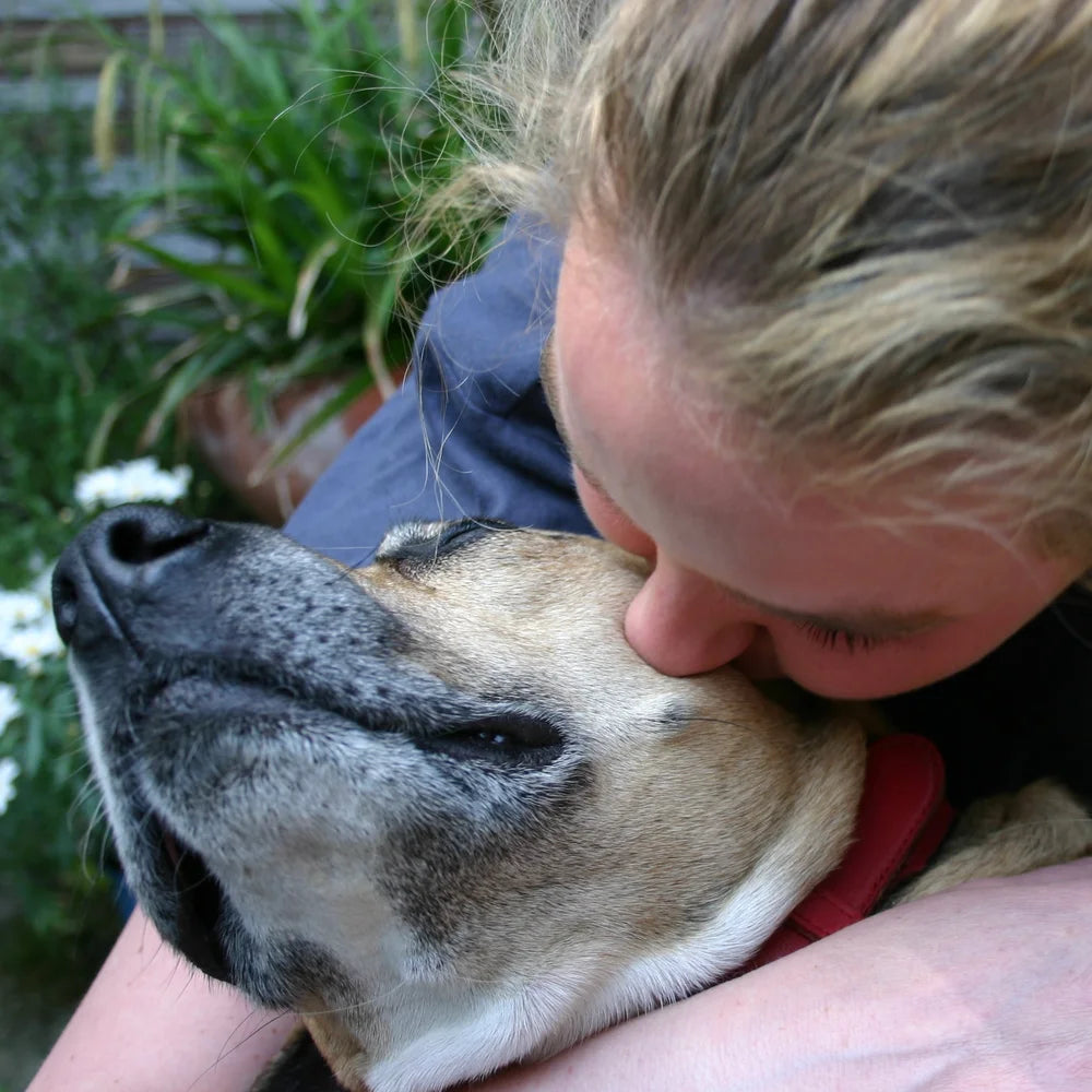 Sandra Mergan kissing her dog