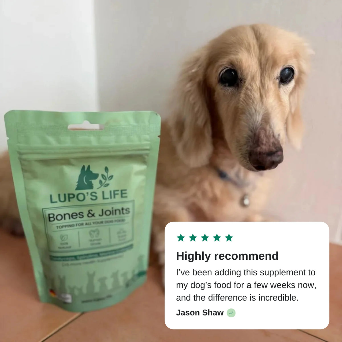 Customer review by Jason Shaw: Highly recommend. Senior dog next to the Bones & Joints pack.