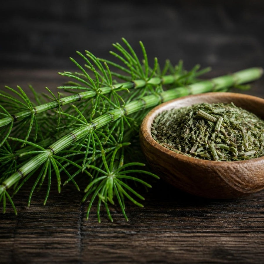 Green horsetail stems and a bowl of dried horsetail