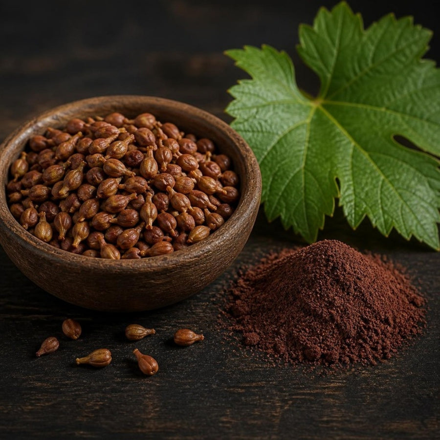 Grape seeds in a wooden bowl with grape seed powder and a vine leaf