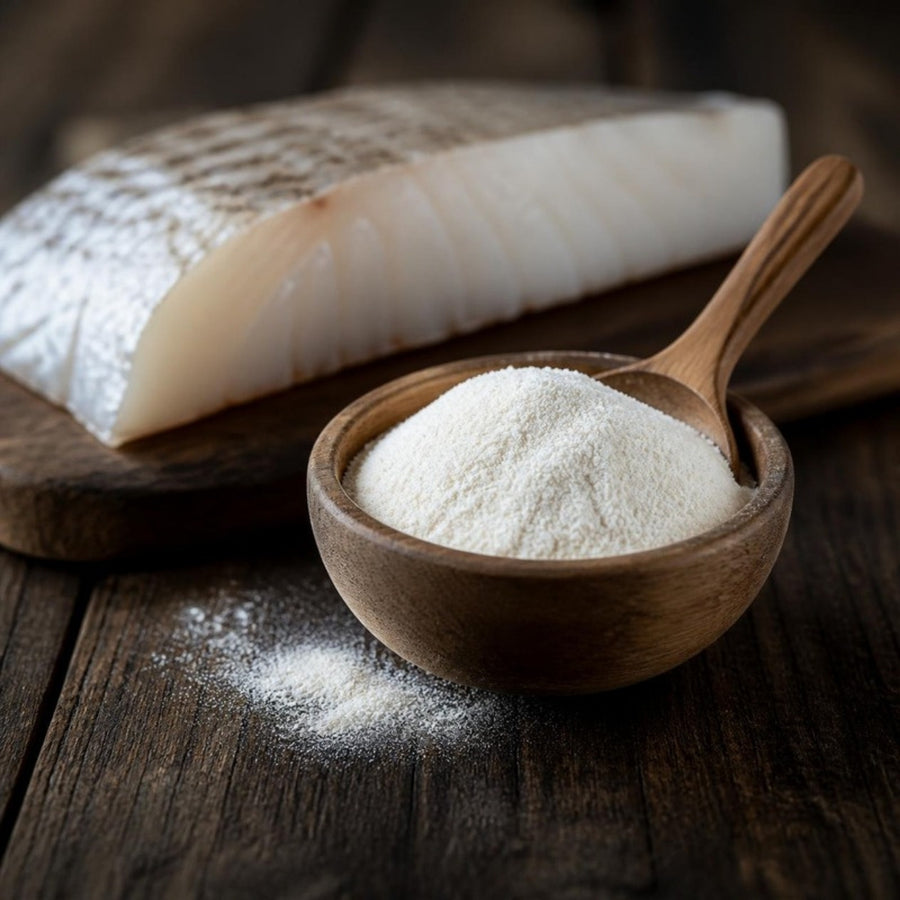 White marine collagen powder in a wooden bowl next to a fish fillet