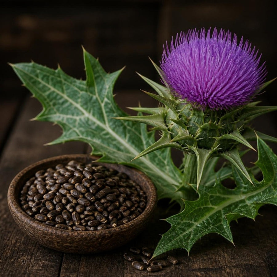 Purple milk thistle flower and a bowl of milk thistle seeds