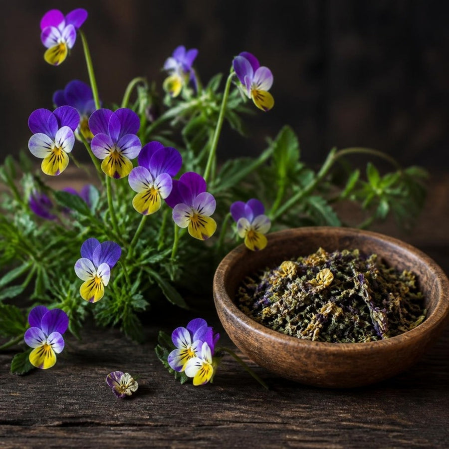 Purple and yellow wild pansy flowers and dried pansy herb