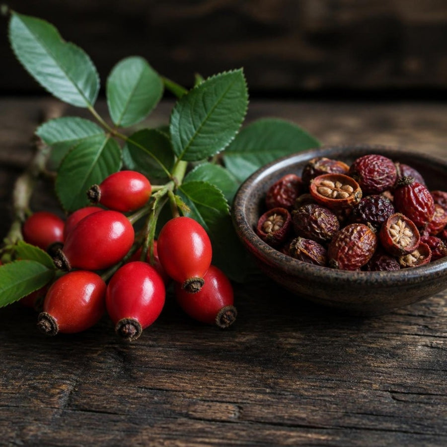 Fresh red rose hips and a bowl of dried rose hips